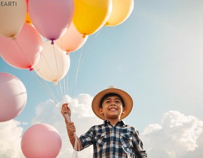 A boy in a hat holds colorful balloons in a sunny field