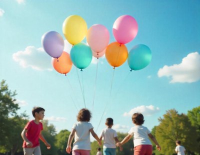Children run with colorful balloons in a park