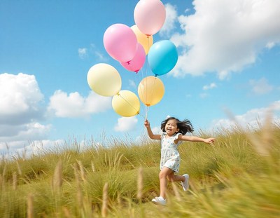 A girl runs through a grassy field with colorful balloons