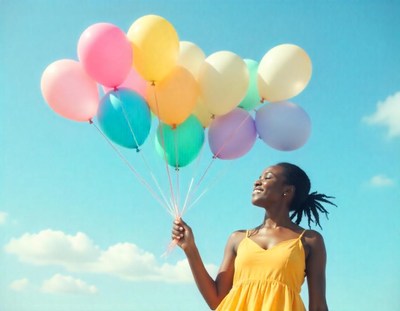 Woman in a yellow dress with balloons against blue sky