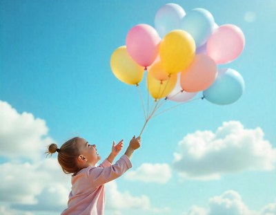 A little girl holds onto a bunch of balloons on a sunny day