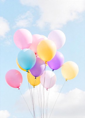 Colorful balloons float in a blue sky