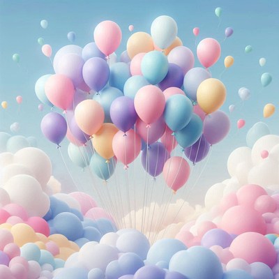 Pastel balloons float above fluffy clouds