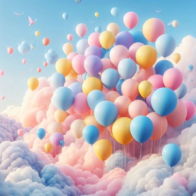 Colorful balloons float above fluffy clouds