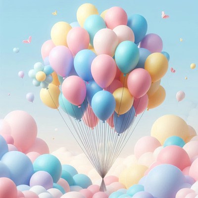 A bunch of pastel balloons float in the sky