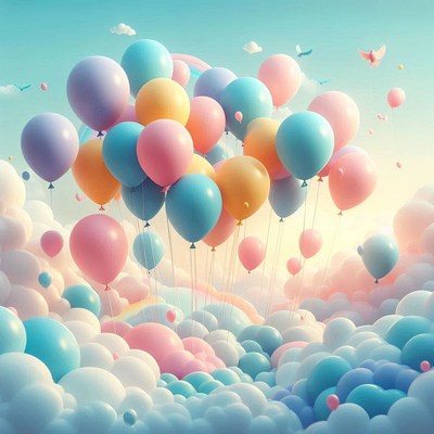 Colorful balloons float in a dreamy sky