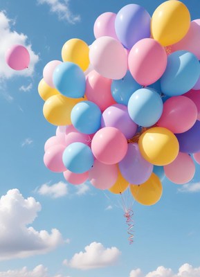 A bunch of colorful balloons float against a blue sky