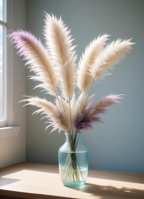 A vase of pampas grass sits on a wooden table