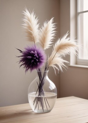 A clear glass vase filled with water sits on a wooden table