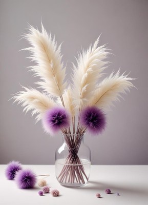 A vase with fluffy white and purple flowers on a table