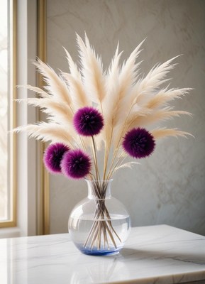 A vase of pampas grass and purple flowers on a table