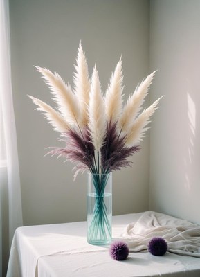 A vase of pampas grass sits on a white tablecloth