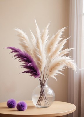 A vase of pampas grass sits on a table
