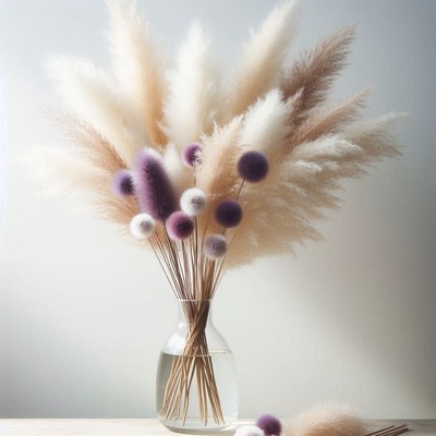 A bouquet of pampas grass in a clear vase