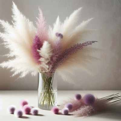 Fluffy white and purple pampas grass in a vase