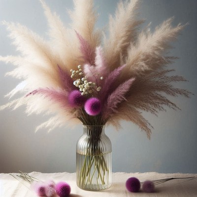 A bouquet of pampas grass and purple flowers in a clear vase
