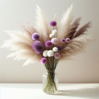 A vase of pampas grass with purple and white flowers