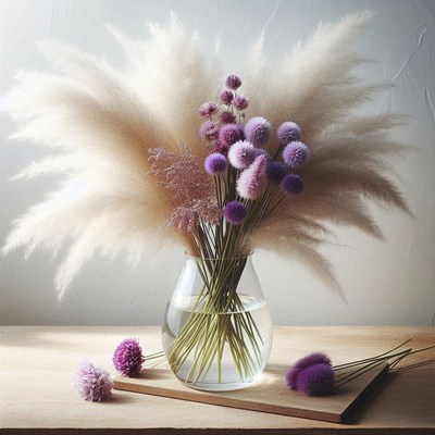 A vase of pampas grass and purple flowers on wood