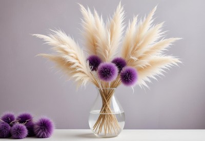 Pampas grass and purple flowers on a white table