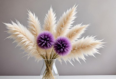 A vase of pampas grass and purple blooms on white