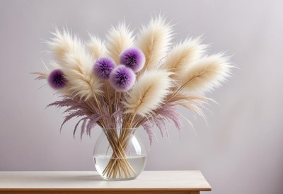 A vase of pampas grass and purple flowers sits on a table