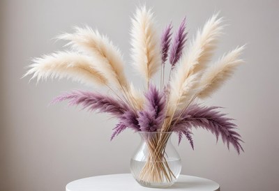 A vase of pampas grass sits on a table