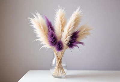 A bouquet of fluffy pampas grass in a glass vase