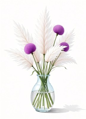 A vase of white pampas grass and purple flowers