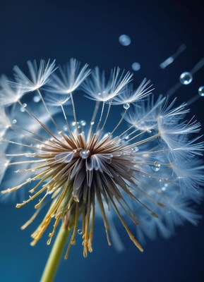 A dandelion seed head with water droplets