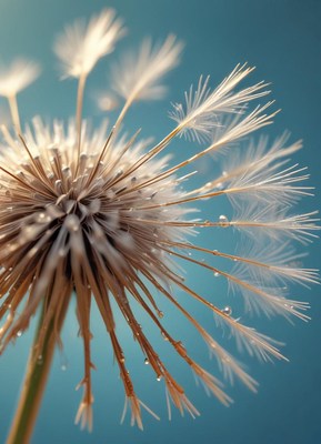 A dandelion seed head with dew drops against a blue sky
