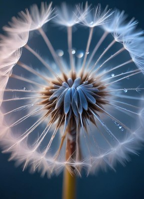A close-up of a dandelion with dew drops