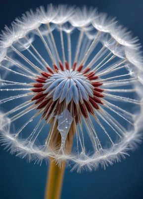 A close-up of a dandelion seed head with dew drops