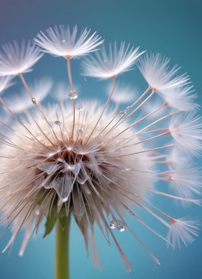 A dandelion with water droplets after the rain
