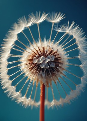 A wet dandelion seed head against a blue sky
