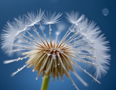 A dandelion with dew drops on a blue sky
