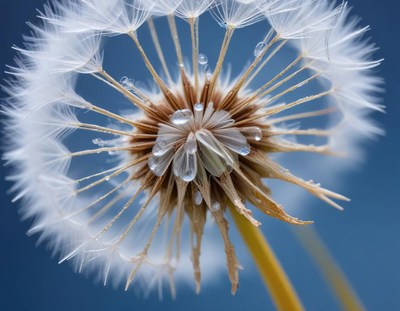 A close-up of a dandelion with dew drops