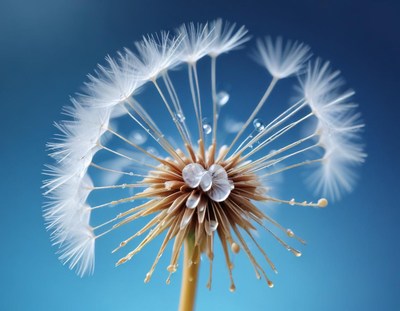 A dandelion with dew drops against a blue sky