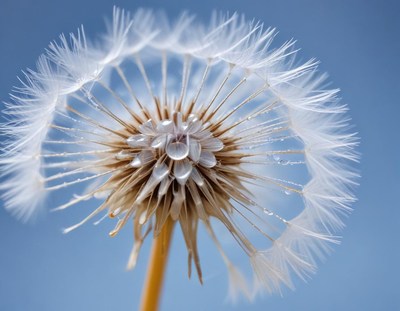 A dandelion seed head with dew drops on a blue sky day