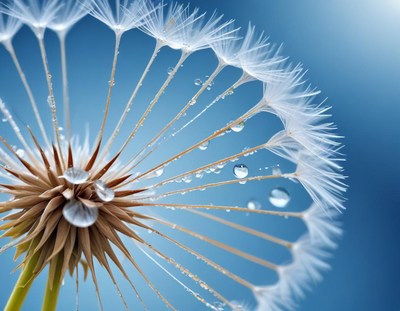 A dandelion seed head covered in water droplets