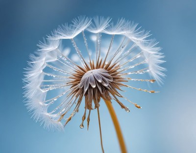 A dandelion with dew drops after a rain shower