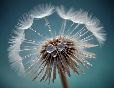 A close-up of a dandelion with water droplets