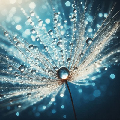 A dandelion seed head covered in water droplets