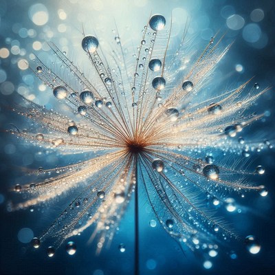 A dandelion seed head covered in dew drops