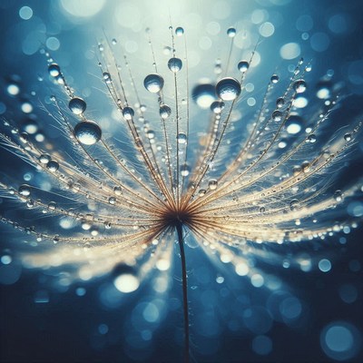 A dandelion seed head covered in dew