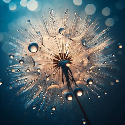A dandelion seed head covered in dew drops