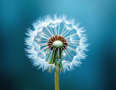 A dandelion with a single water droplet hangs in the breeze
