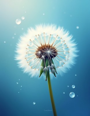 A dandelion seed head with water droplets in the air