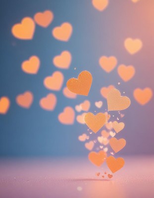 Orange heart shapes fall against a blue background