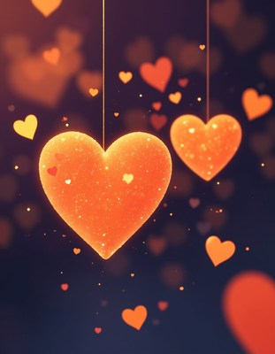 A large orange heart hangs against a dark background