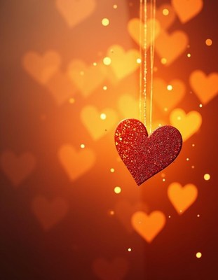 Red glitter heart shines on blurred orange hearts